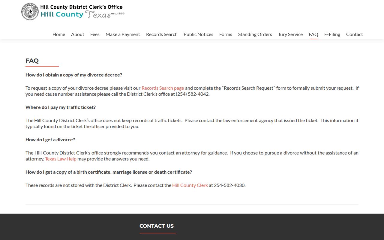 Hill County District Clerk FAQ explaining traffic-ticket custody