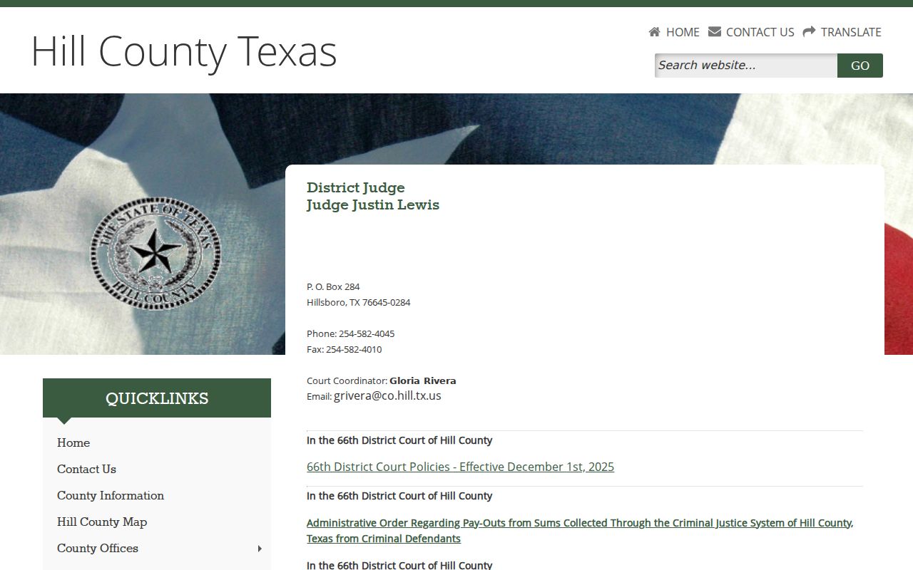 Hill County criminal docket information from the 66th District Court