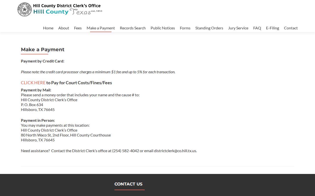 Hill County District Clerk payment channels and processor fee notice