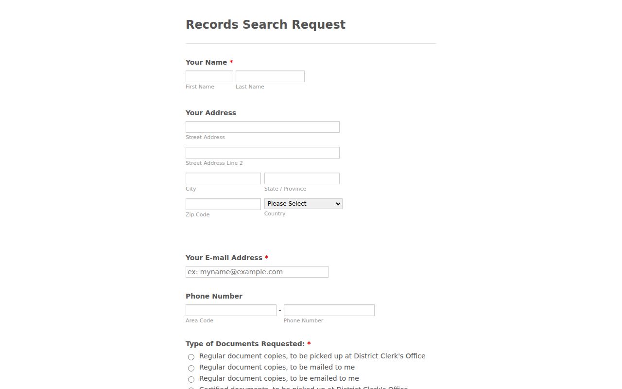 Hill County District Clerk Records Search Request form