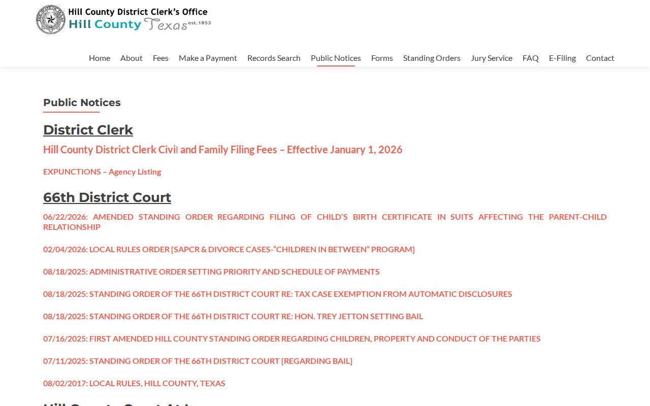Hill County criminal docket bail and administrative notices