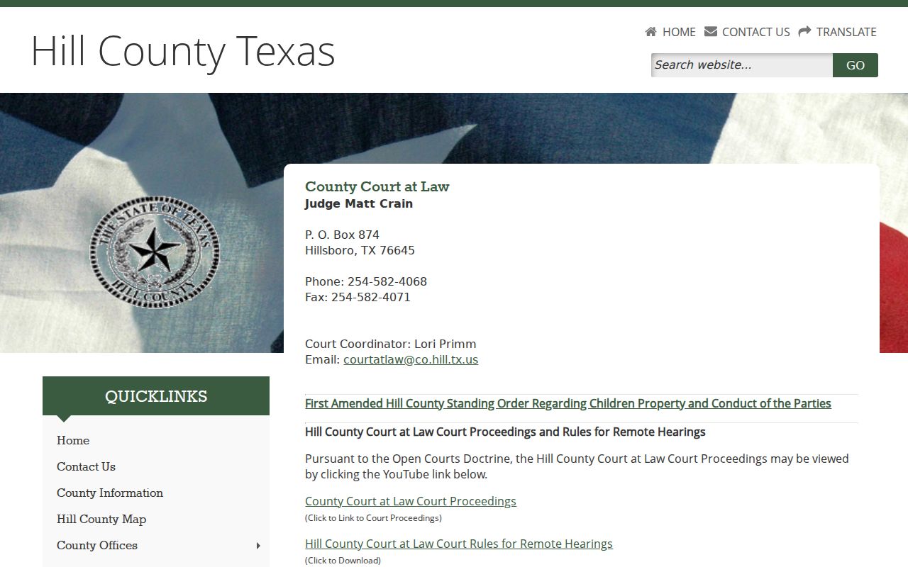 Hill County civil docket County Court at Law information