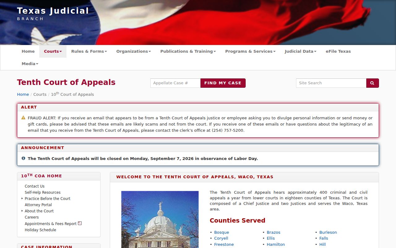 Tenth Court of Appeals counties served including Hill County