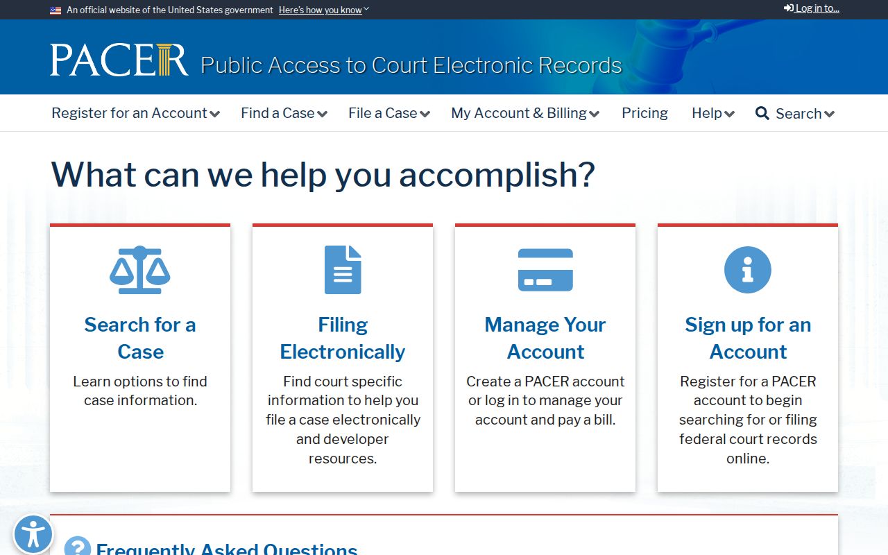 PACER federal court records search homepage