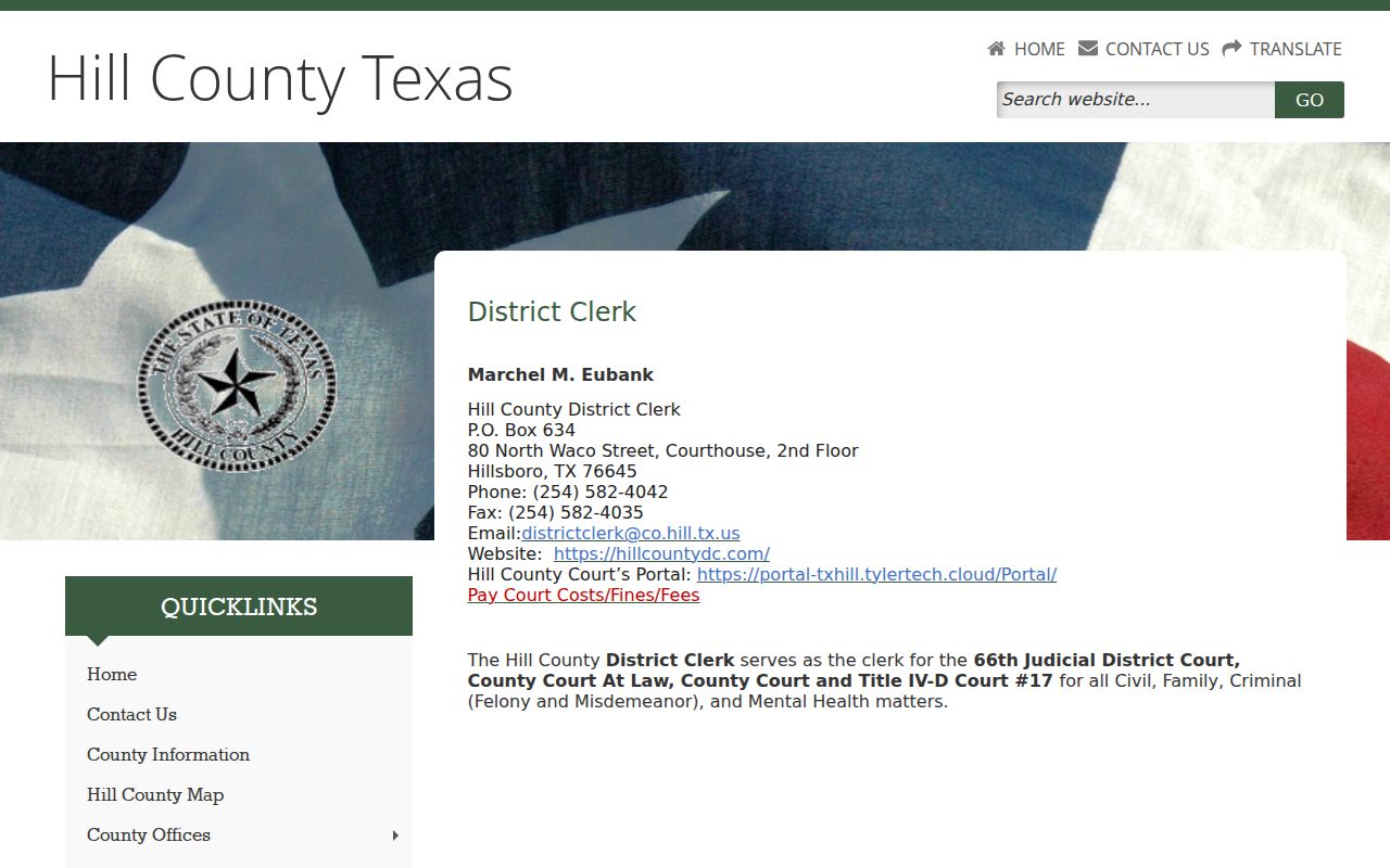 Hill County court docket District Clerk routing page